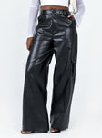 Pants Faux leather material Belt looped waist Zip & button fastening Four classic pockets Twin cargo style leg pockets Wide leg