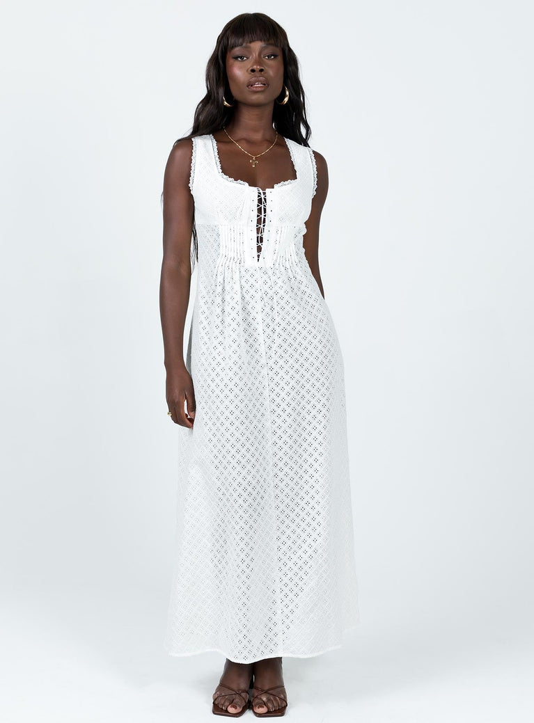 Maxi dress Sheer anglaise material Lace trim at bust & straps Lace up front with tie fastening Gathered detail at waist Non-stretch  Partially lined 