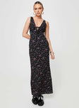 Floral print maxi dress V-neckline, fixed shoulder straps, tie detail at bust, invisible zip fastening Non-stretch material, partially lined