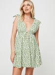 Floral mini dress Plunging neckline, tie fastening shoulder straps, elasticated waistband Non-stretch material, lined bust