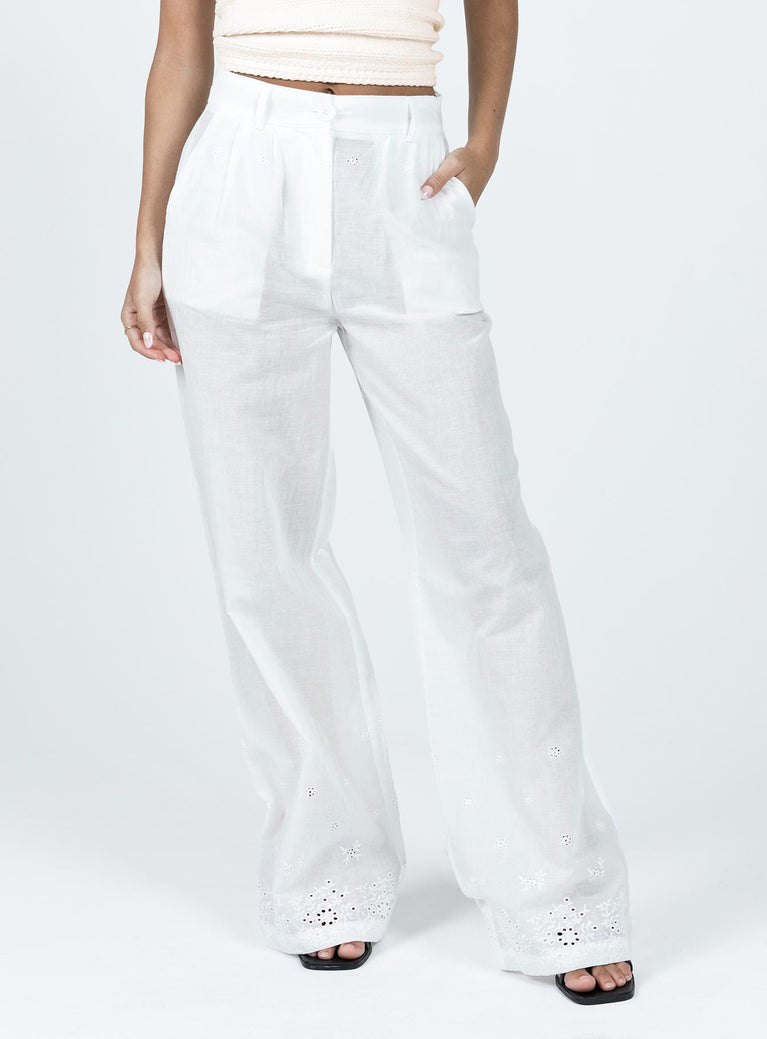 Pants Belt looped waist  Zip & button fastening  Twin hip pockets Anglaise detail at hem & waist