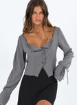 Grey long sleeve top Sheer design  Wide neckline  Detailed trimming  Button front fastening  Tie fastening at cuffs