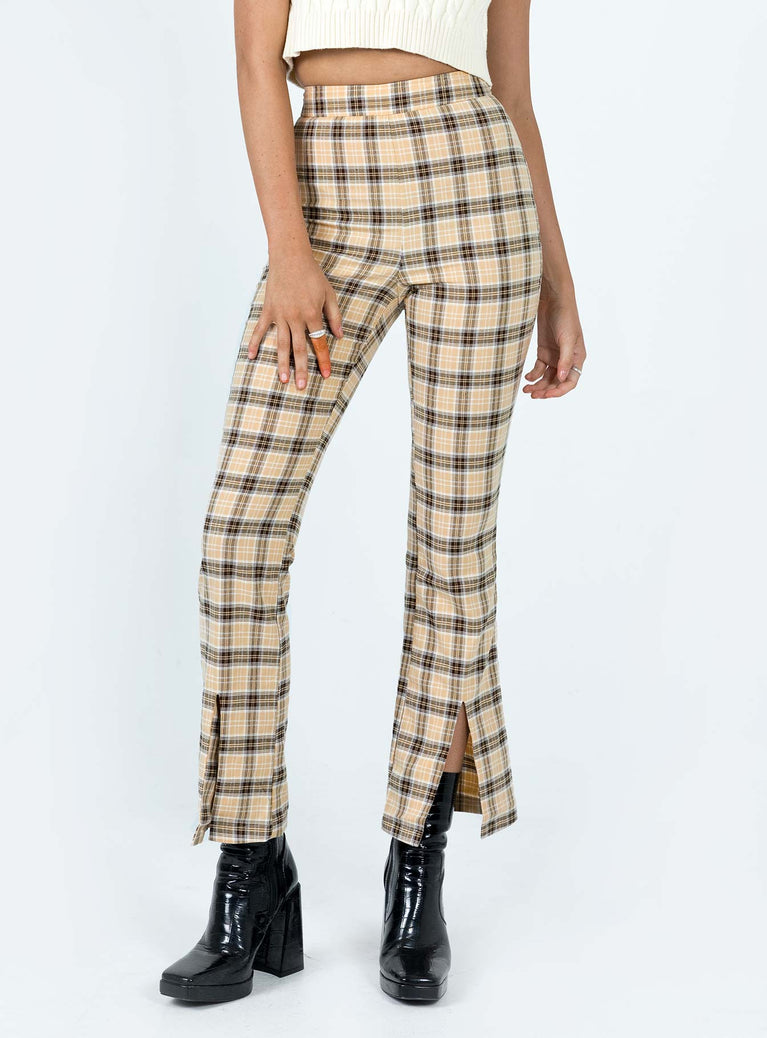 Pants Plaid print Invisible zip fastening at back Slits at hem Straight leg