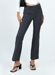 Pants Pinstripe print Low waist Belt looped waist Zip & button fastening Flared leg Twin faux back pockets