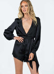 Long sleeve romper Silky material Oversized lapel collar V-neckline Adjustable & removable waist tie Elasticated band at waist Double button cuff