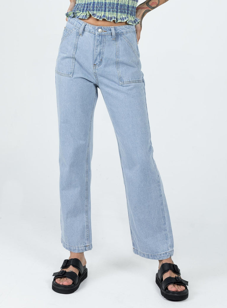 Jeans 100% cotton Light wash blue Zip & button fastening  Belt looped waist  Classic five-pocket design  Straight leg 