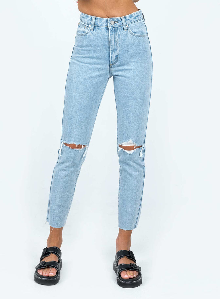 Jeans Light wash denim  High waisted  Zip & button fastening  Belt looped waist  Classic five-pocket design  Slim leg Ripped knees Raw edge hem