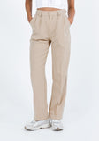 Beige tailored pants High rise Belt looped waist Zip and clasp fastening Stuble pleats at waist Twin hip pockets Straight leg