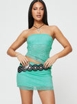 Matching lace set Strapless top, elasticated band at bust, asymmetric hem Low rise mini skirt