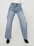 Wide leg jeans mid-wash denim Belt looped waist five pocket design zip and button fastening