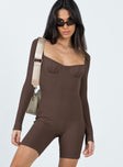 Long sleeve romper Ribbed material Open neckline Slight ruching at bust