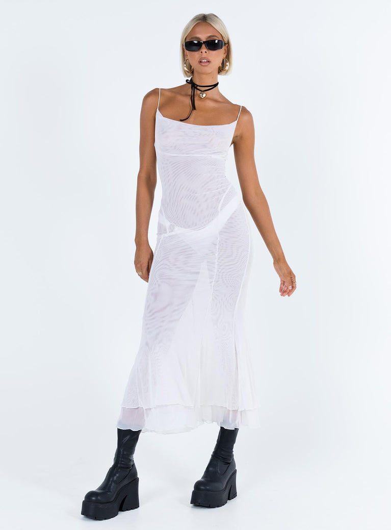 White maxi dress Sheer mesh material Elasticated shoulder straps Cowl neckline Layered soft pleat hem Good stretch Mesh lined