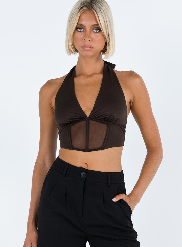 Crop top Sheer mesh material  Halter neck tie fastening  Plunging neckline Boning through waist  Good stretch   Lined bust 