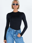 Black long sleeve bodysuit High neck Cut out at back High cut leg Cheeky style bottom Press clip fastening  Good stretch Unlined 