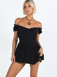 Black mini dress Shirred waistband Ruffle detailing Elasticated neck and sleeves Can be worn on or off shoulder Built in shorts Layered ruffle hem Fully lined