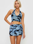 Floral two-piece set V-neckline top, halter style, mini skirt, wrap tie fastening detail, elasticated waistband