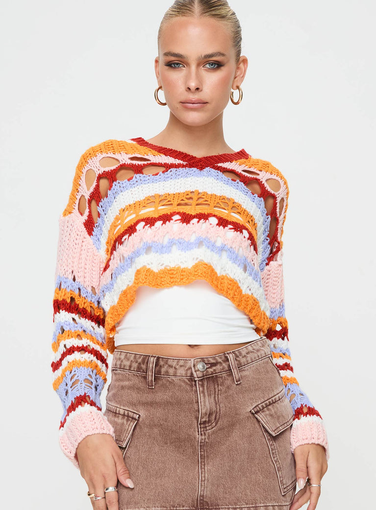 Multi Knit sweater V neckline, cropped fit, distressed detail