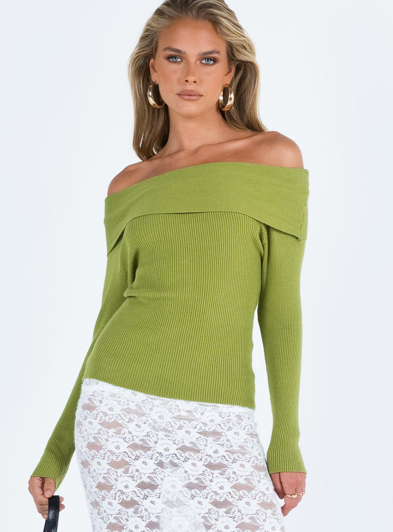 Green sweater Ribbed knit material Off the shoulder design Folded neckline Good stretch Unlined 