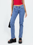 Jeans Mid-wash denim Low rise Belt looped waist Classic five-pocket design Zip & button fastening Straight leg