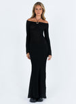 Long sleeve maxi dress Knit material Off the shoulder design Wide neckline Slightly flared cuff