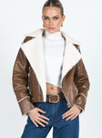 Jacket Faux leather material Faux fur lining Silver-toned hardware Classic collar Zip fastening at front Twin hip pockets