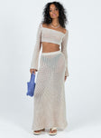 Two piece set Knit material Crop long sleeve top Square neckline Maxi skirt Elasticated waistband Good stretch 