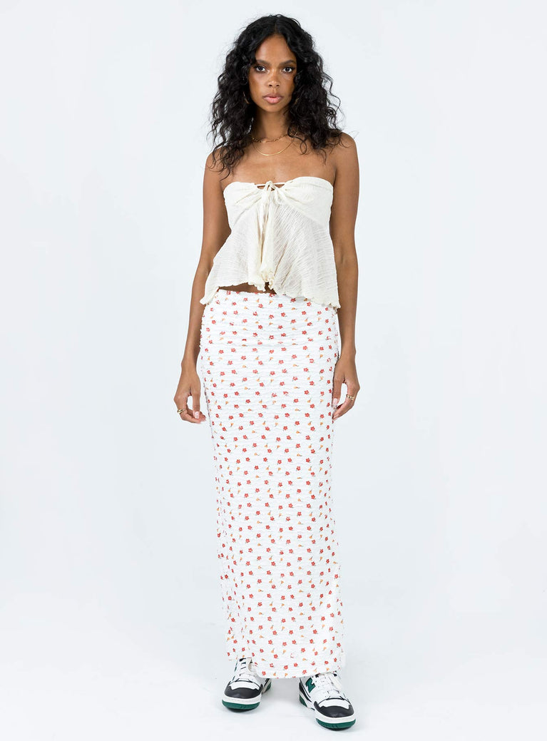 Maxi skirt Textured material Floral print Elasticated waistband Side split