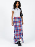 Maxi skirt Plaid print Handkerchief style skirt Invisible zip fastening at side Slight stretch Unlined  