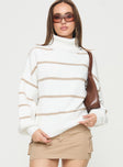 Turtleneck sweater Knit material, striped print, drop shoulder, ribbed trim Good stretch, unlined  Princess Polly Lower Impact  Turtleneck sweater Knit material, striped print, drop shoulder, ribbed trim Good stretch, unlined  Princess Polly Lower Impact 