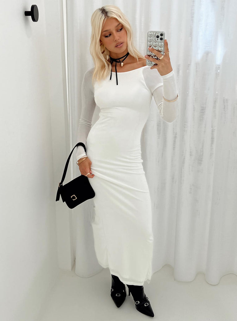 White long sleeve maxi dress High neck Low back Slit at back Good stretch Partially lined