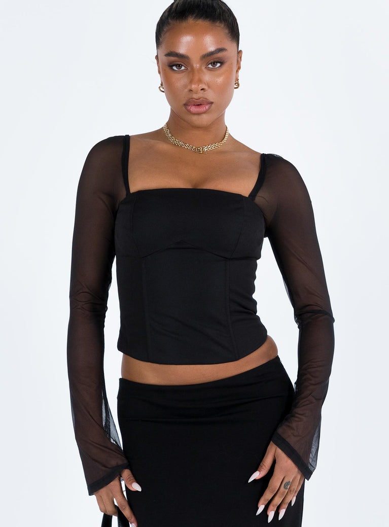 Black long sleeve top Sheer mesh sleeve Inner silicone strip at bust Boning through waist Zip fastening at back