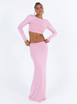 Pink matching set Long sleeve crop top High neckline Ruched detail at shoulder Low back Maxi skirt Mid rise Good stretch Fully lined 