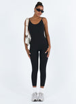 Black jumpsuit Ribbed material Scooped neckline Adjustable shoulder straps Good stretch Unlined 