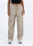 Cargo pants High rise Elasticated waistband with drawstring Six pocket design Straight leg