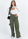 Olive green cargo pants Drawstring waist Twin hip pockets Straight leg Extra cargo style leg pockets Drawstring cuff Non-stretch Unlined