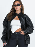 Black leather jacket Faux leather material High neckline Silver-toned hardware Zip fastening at front Twin hip pockets Press button cuff Non-stretch Fully lined