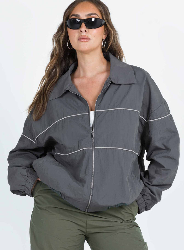 Grey jacket Pointed collar Zip fastening at front Drop shoulder Elasticated waistband and cuffs 