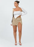 Mini skirt Textured material Mid - low rise  Invisible zip fastening at side High side slit