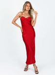 Red maxi dress Silky material Adjustable shoulder straps Sweetheart neckline Wired cups Hook fastening at back Invisible zip fastening at side