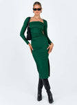 Long sleeve midi dress Ribbed material Square neckline Lace up fastening at back Low back Leg slit  Good stretch Unlined 