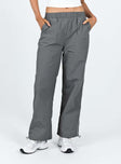 Grey parachute pants Elasticated waistband Twin hip pockets Faux back pockets Drawstring cuffs