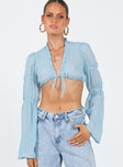 Blue long sleeve crop top Open front Tie fastening Elasticated sleeve detail Adjustable coverage Frill detail