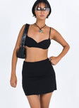 Black matching set Bralette style top Adjustable shoulder straps Wired cups Padded cups Elasticated band  Mini skirt Invisible zip fastening at side