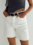 Denim shorts White denim High rise Belt looped waist Zip and button fastening Classic five pocket detail