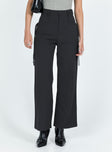 Pants High rise Belt looped waist Zip and button fastening  Four pocket design Tie fastening at side Wide leg 