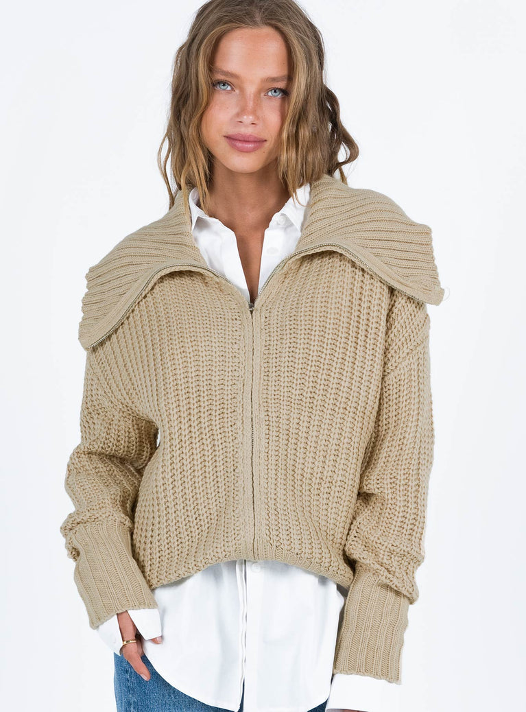 Beige sweater Knit material Oversized collar Zip fastening at front Good stretch Unlined 