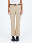 Beige pants Corduroy material Belt looped waist Zip and button fastening Classic five-pocket design Embroidered design at back Straight leg