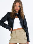 Jacket Faux leather material High neckline Zip fastening at front Faux chest pockets Twin hip pockets Zip cuff