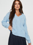 Cable knit sweater  V-neckline, balloon sleeves, ribbed cuffs & waist, relaxed fit 