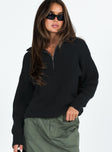 Sweater Knit material High neck Quarter zip fastening at front Good stretch Unlined 